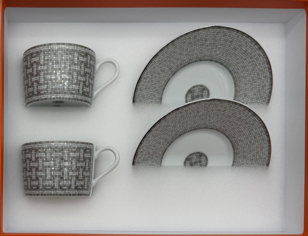 Hermès Mosaique au 24 platinum tea cup and saucer (set of 2)