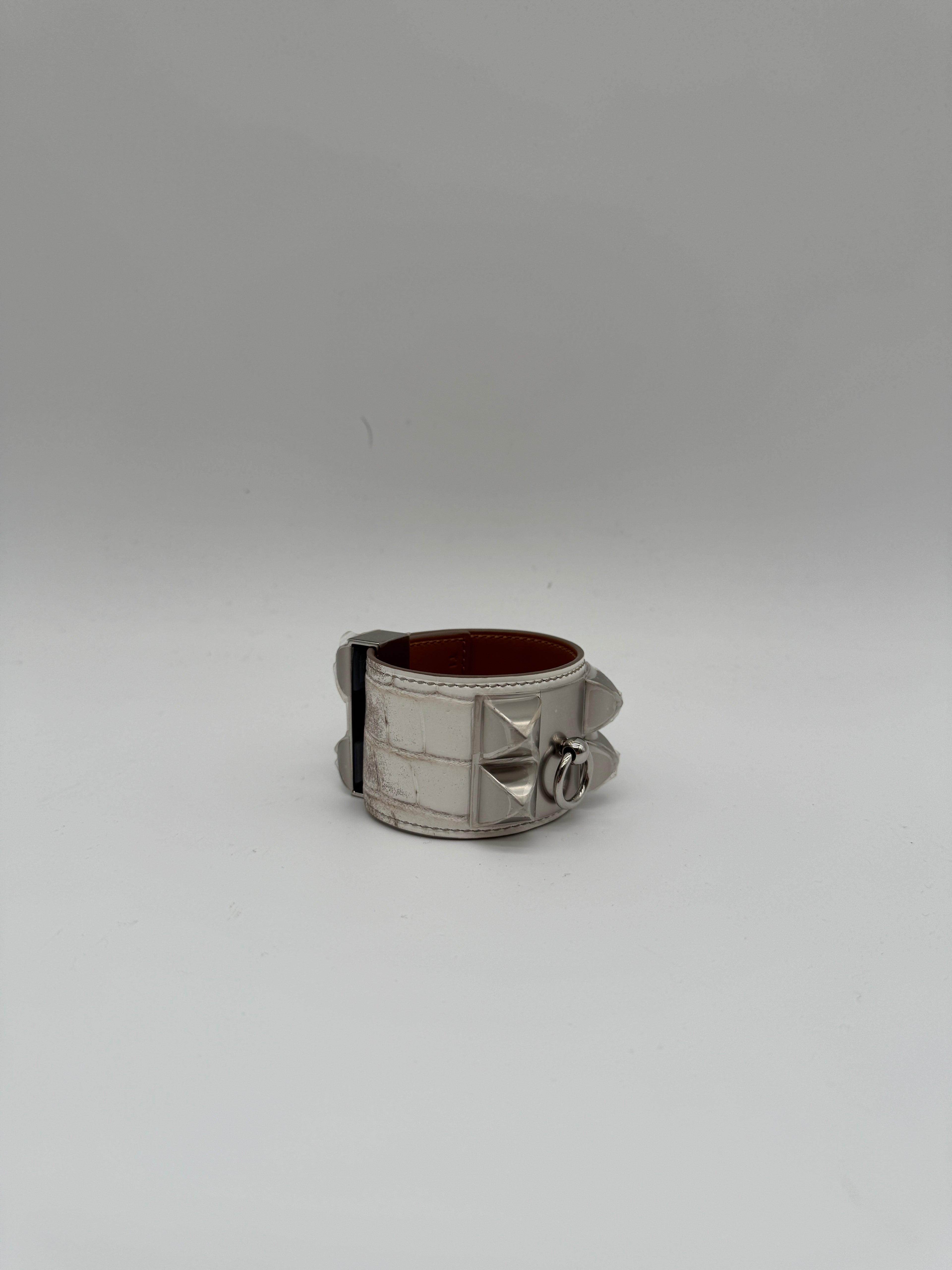 Hermès Collier de Chien Bracelet Himalaya Crocodile Blanc Palladium Hardware