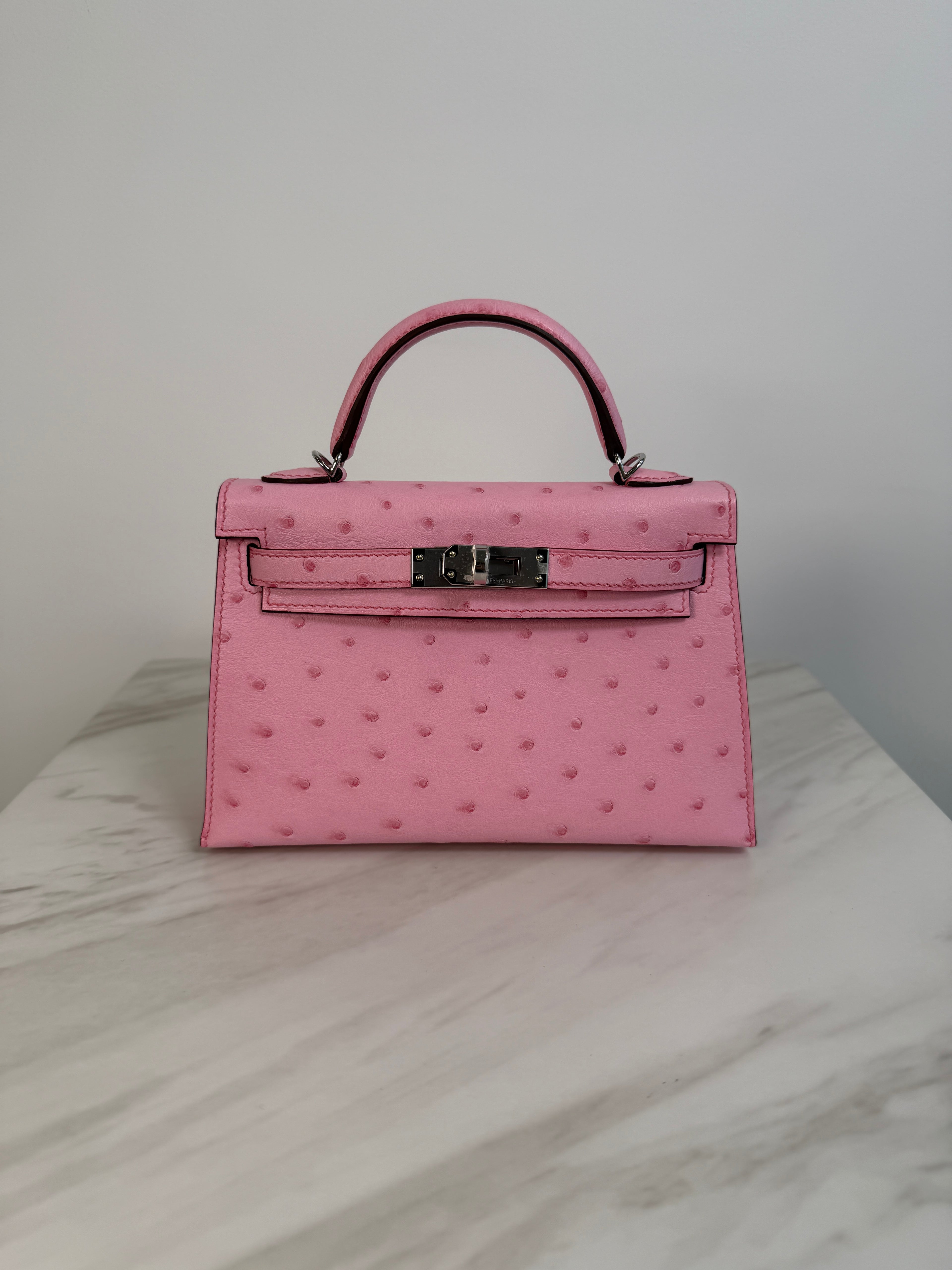 Hermès Mini Kelly Bubblegum Ostrich Palladium Hardware