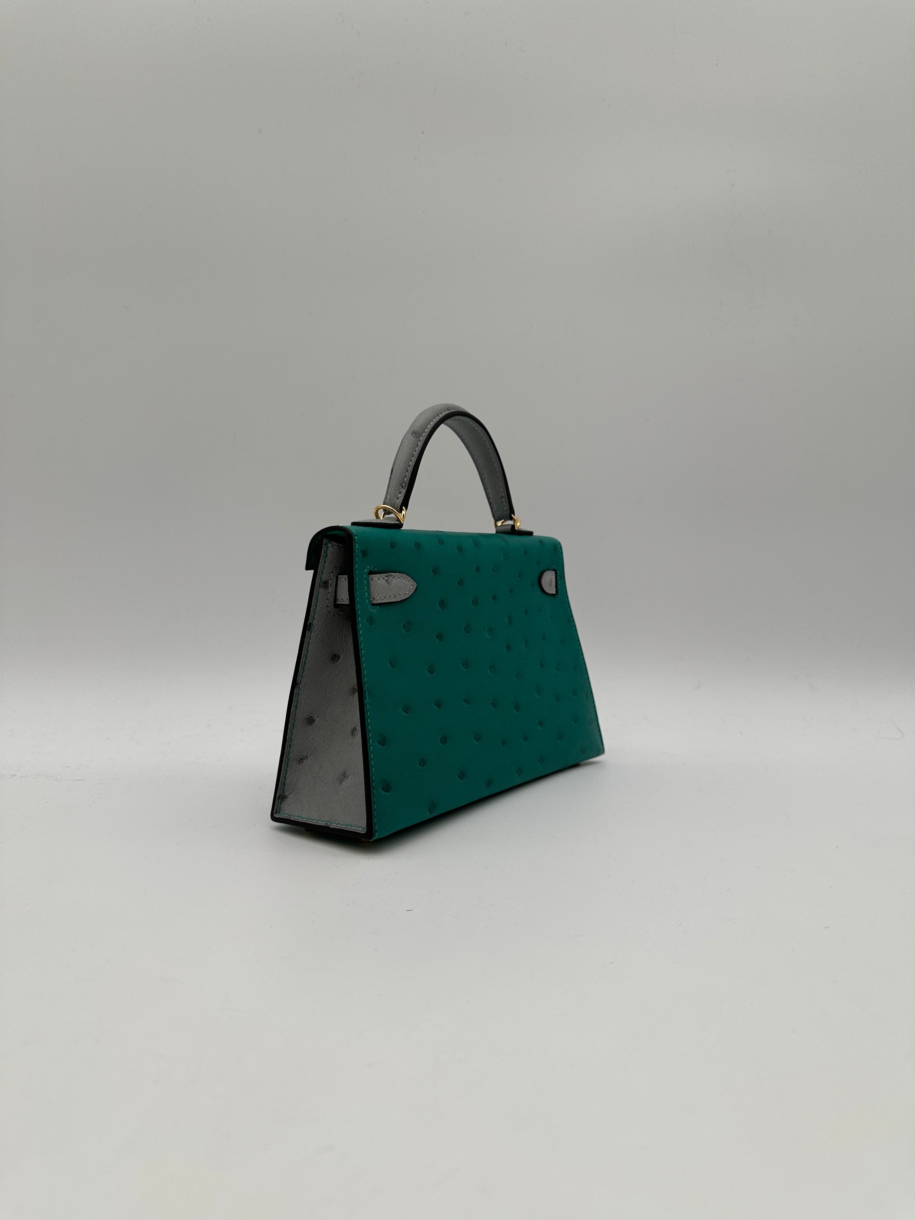 Hermès Mini Kelly HSS Vert Vertigo/ Gris Meyer Ostrich Gold Hardware