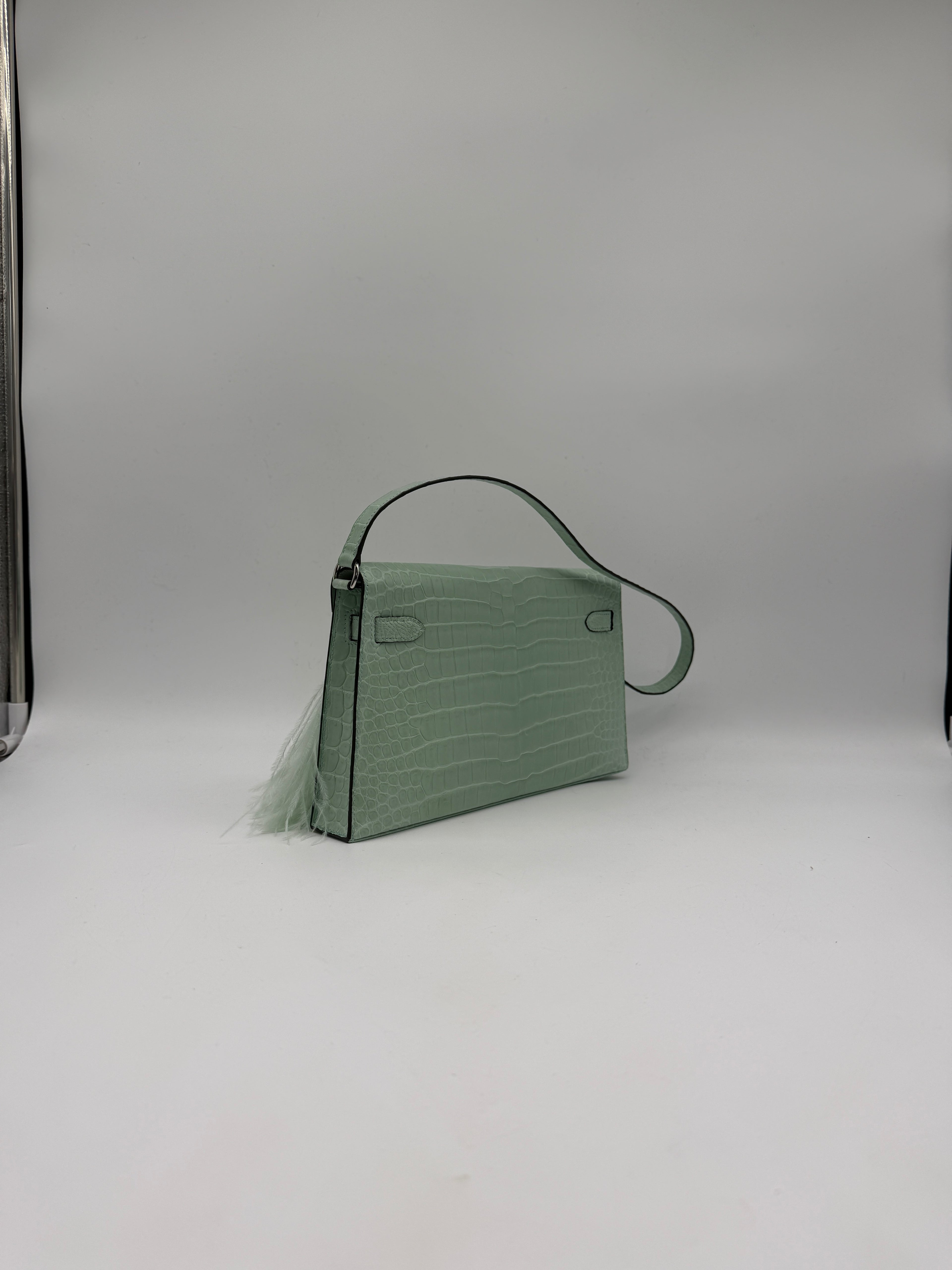 Hermès Kelly Elan Folie Vert Deau Foile Matte Porosus Palladium Hardware