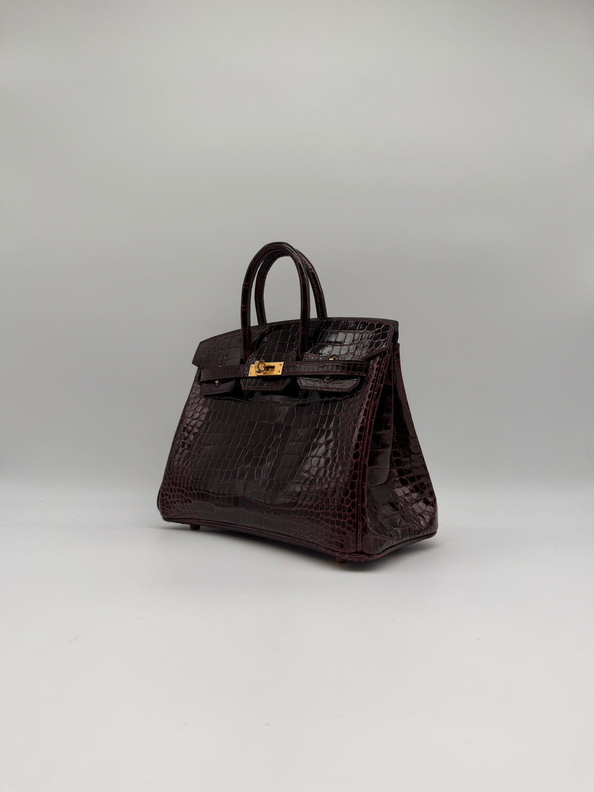 Hermès Birkin 25 Bordeaux Shiny Porosus Gold Hardware