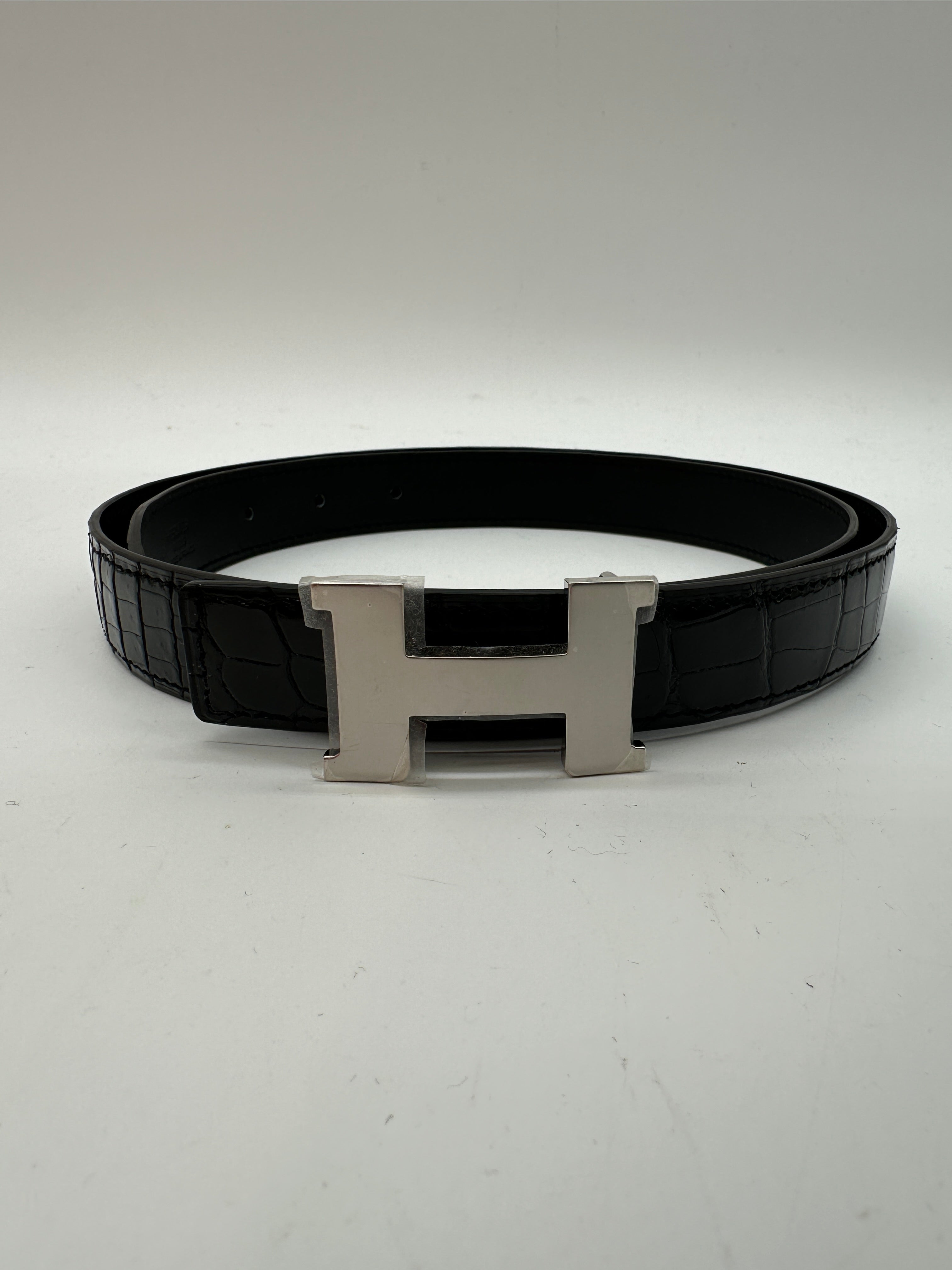 Hermès Crocodile Porosus Shiny Black Leather Belt 24,  with Mini Constance Belt Palladium Buckle