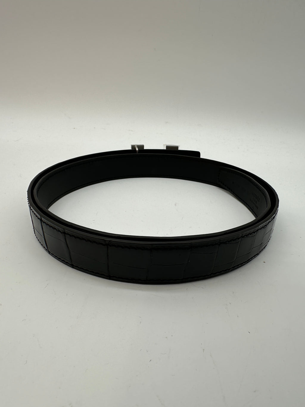 Hermès Crocodile Porosus Shiny Black Leather Belt 24,  with Mini Constance Belt Palladium Buckle