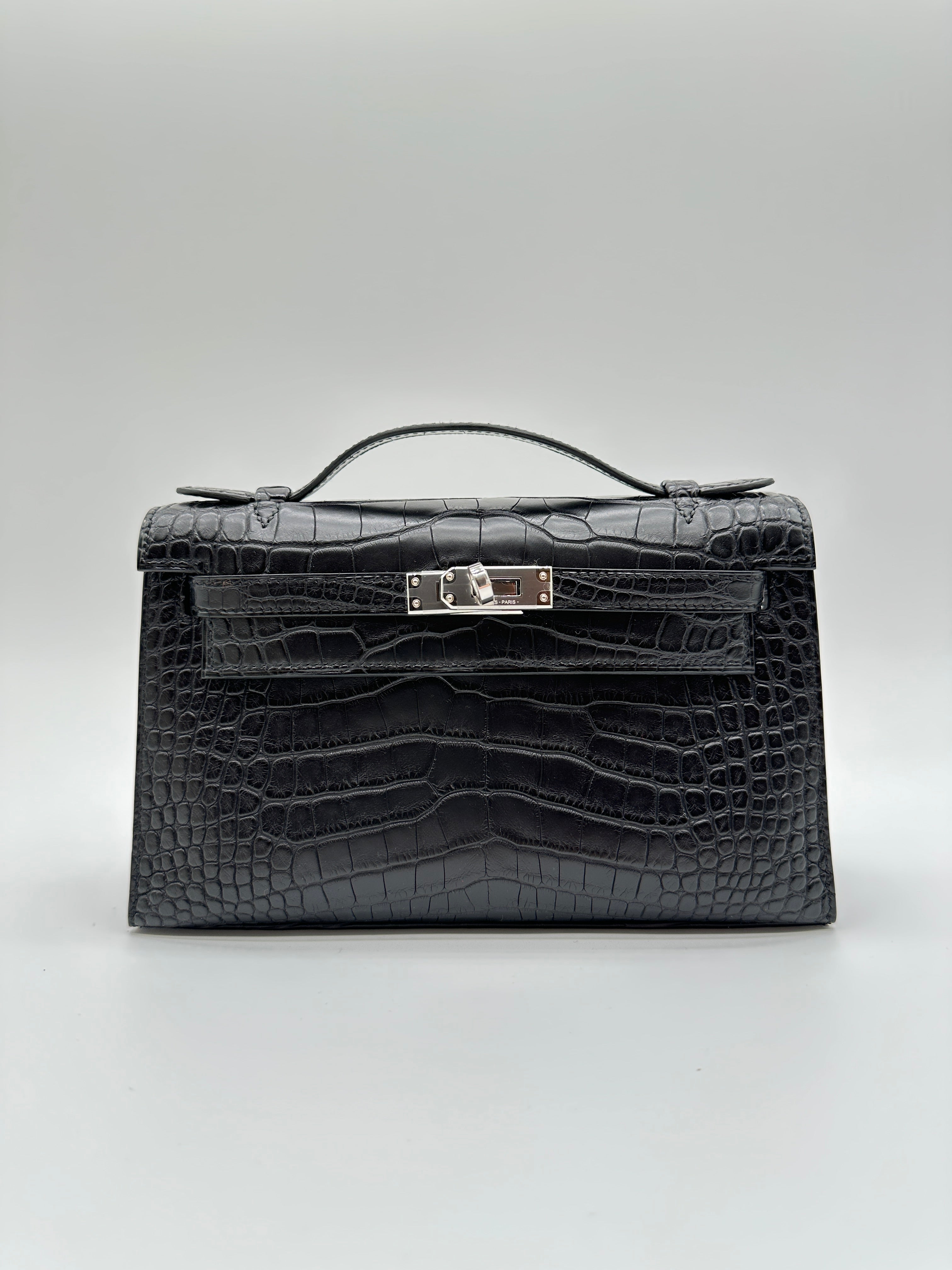 Hermès Kelly Pochette Black Matte Alligator Palladium Hardware