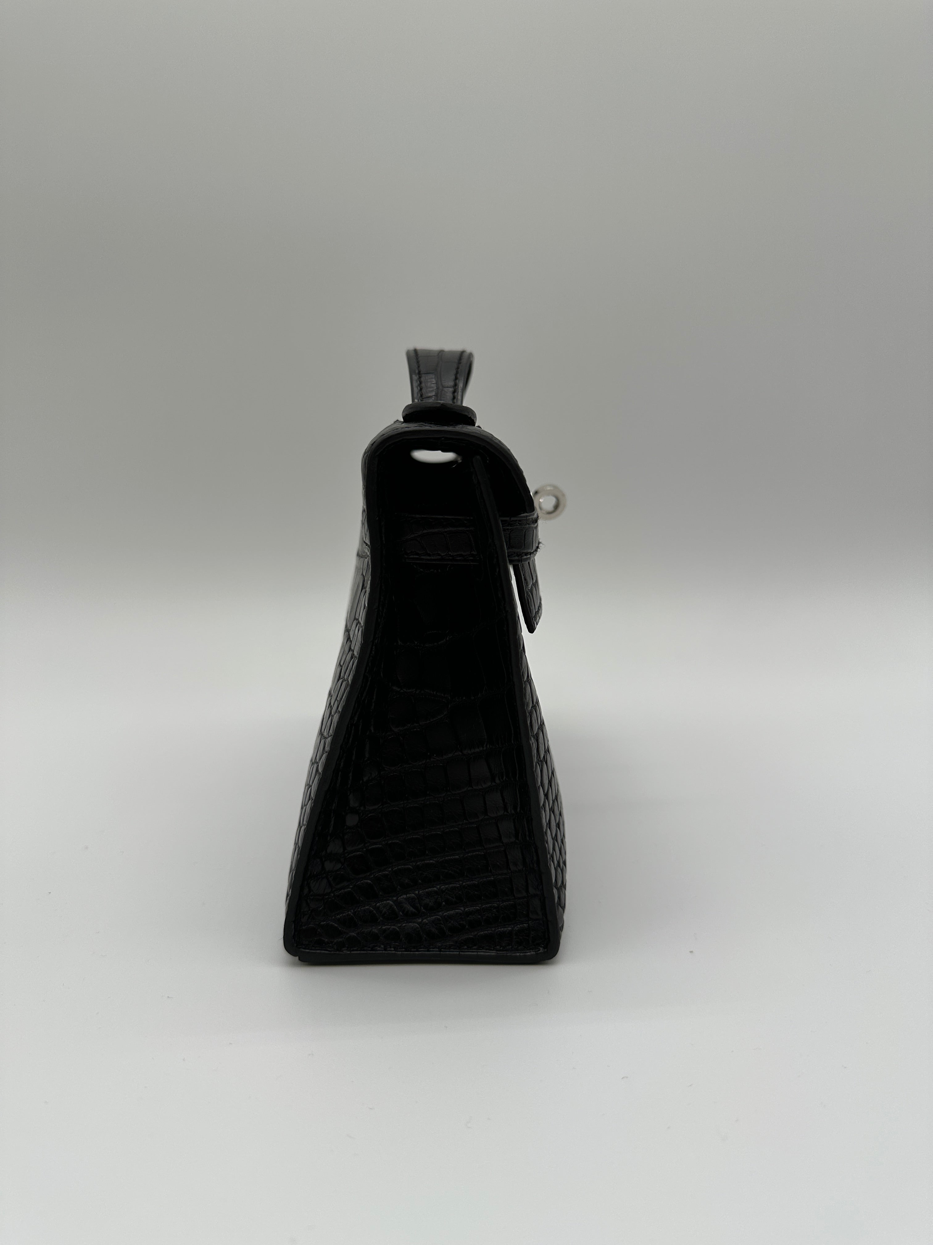 Hermès Kelly Pochette Black Matte Alligator Palladium Hardware