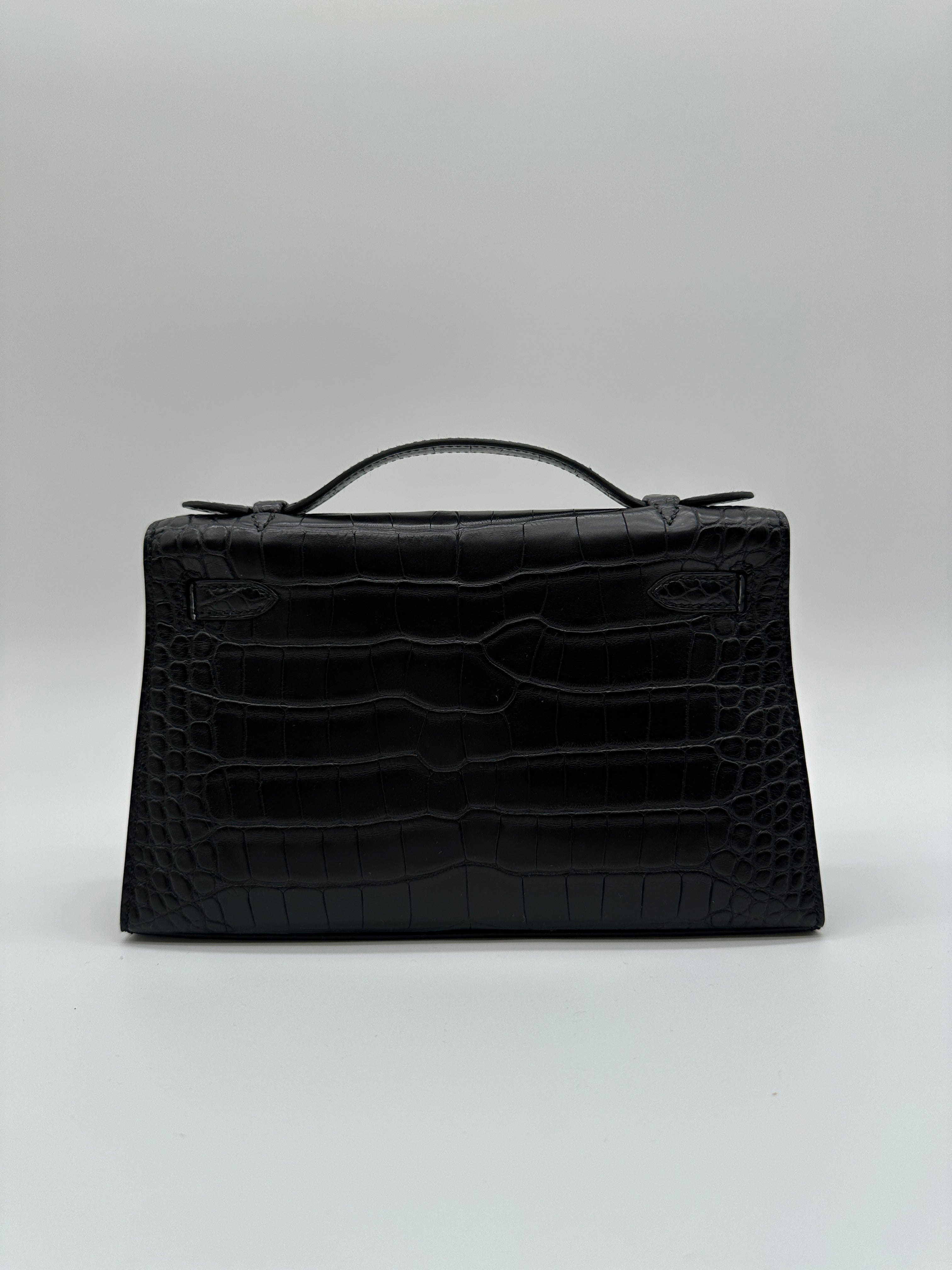 Hermès Kelly Pochette Black Matte Alligator Palladium Hardware