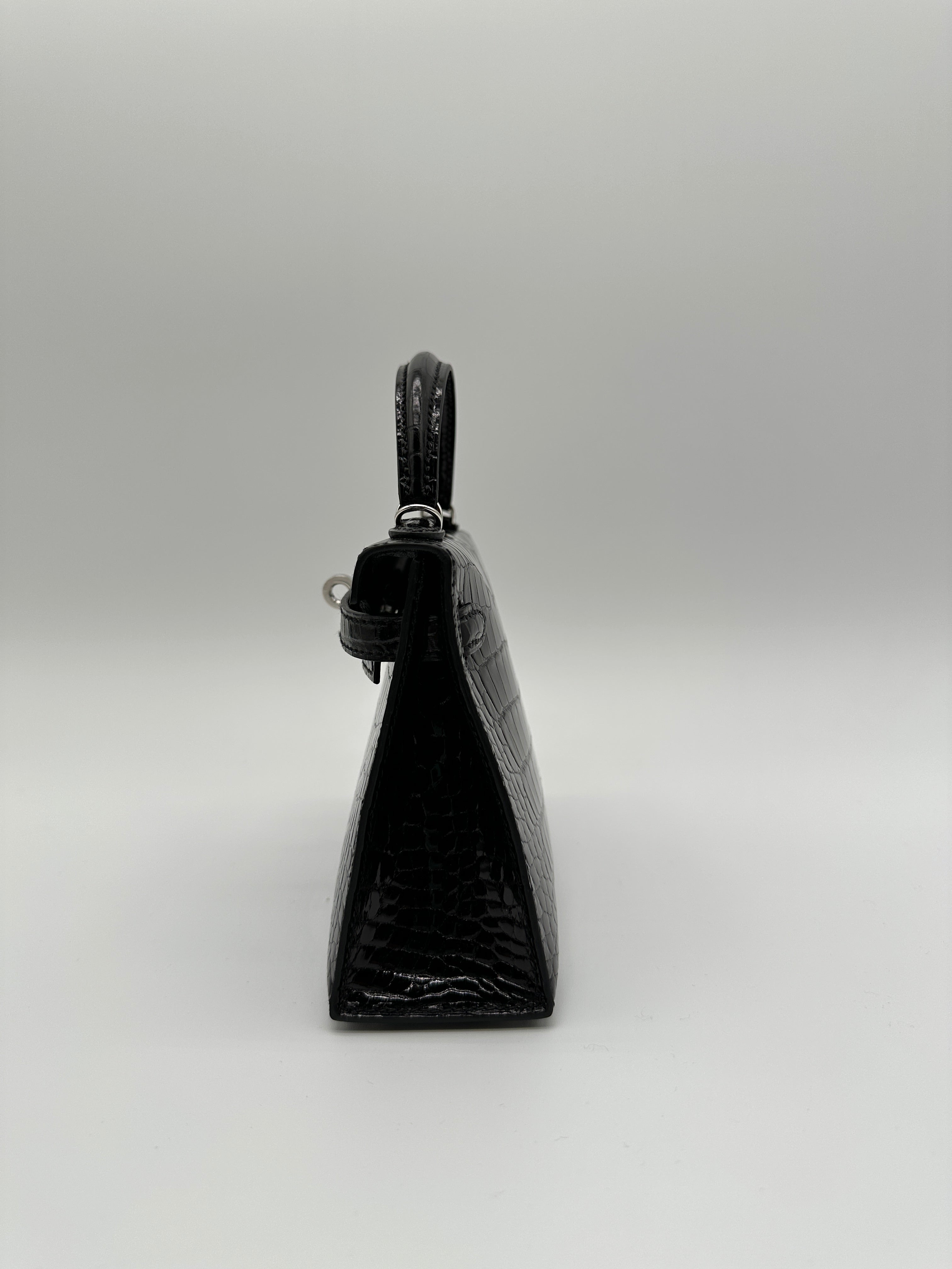 Hermès Mini Kelly Black Shiny Alligator Palladium Hardware