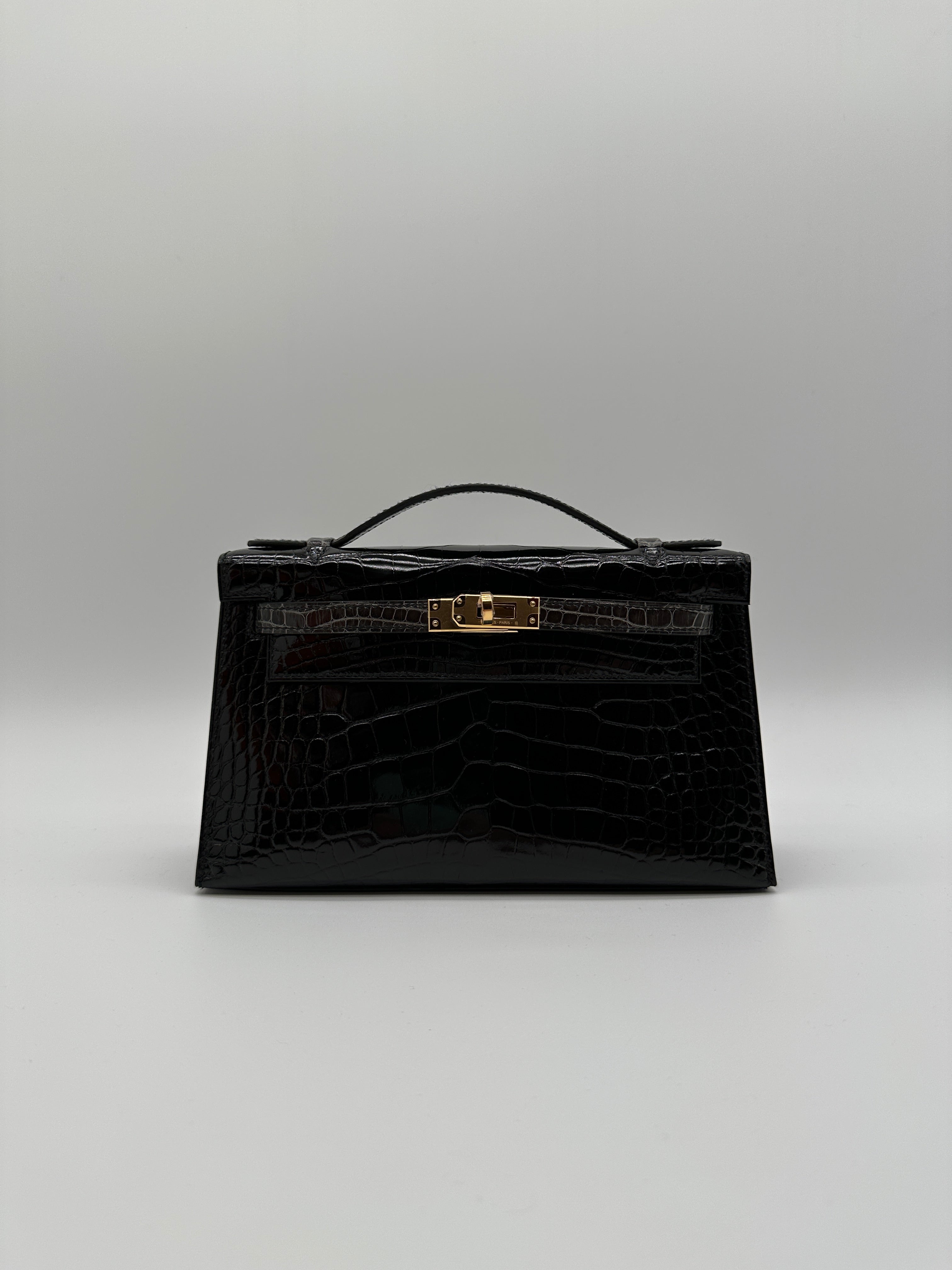 Hermès Kelly Pochette HSS Black/Graphite Shiny Alligator Gold Hardware