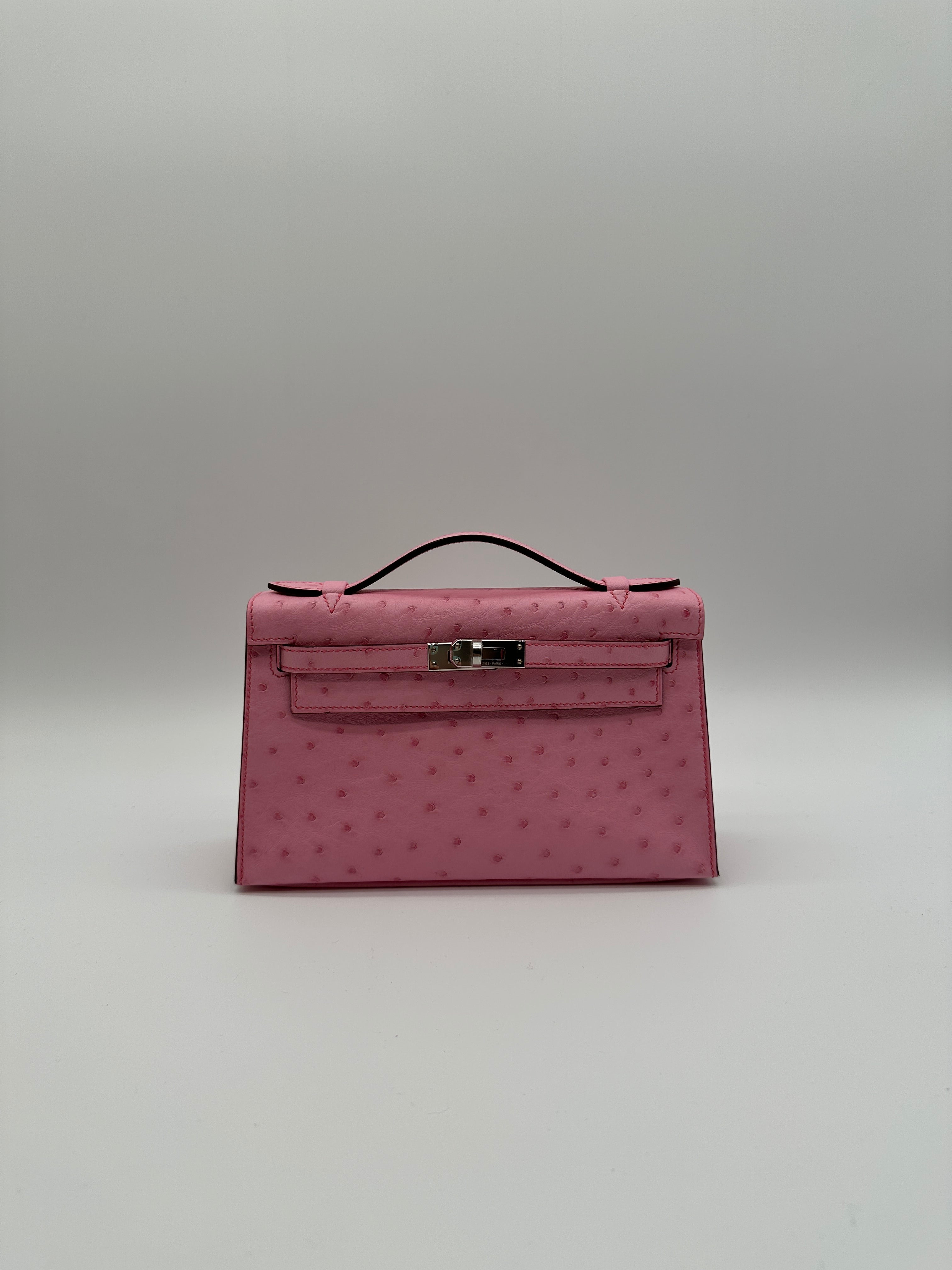 Hermès Kelly Pochette Bubblegum Ostrich Palladium Hardware