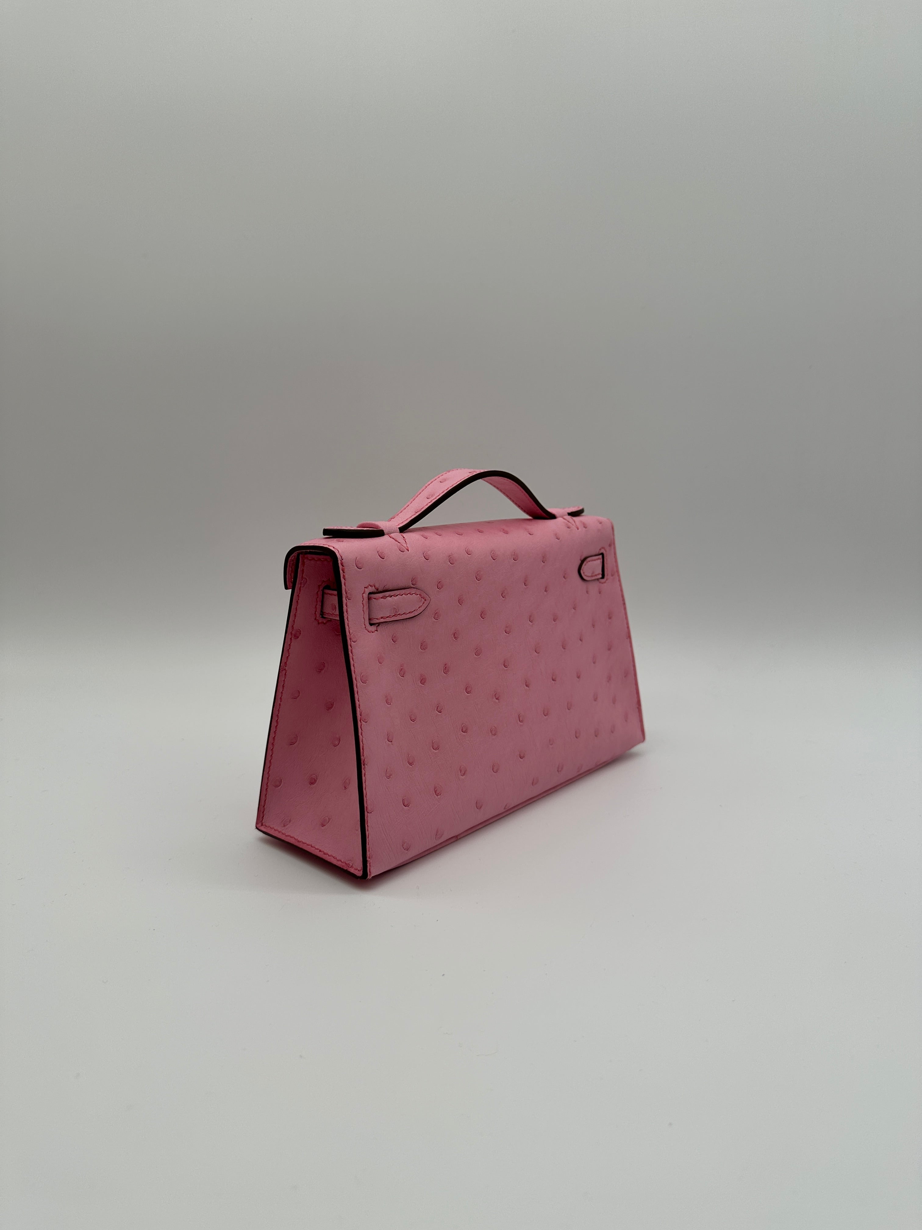 Hermès Kelly Pochette Bubblegum Ostrich Palladium Hardware