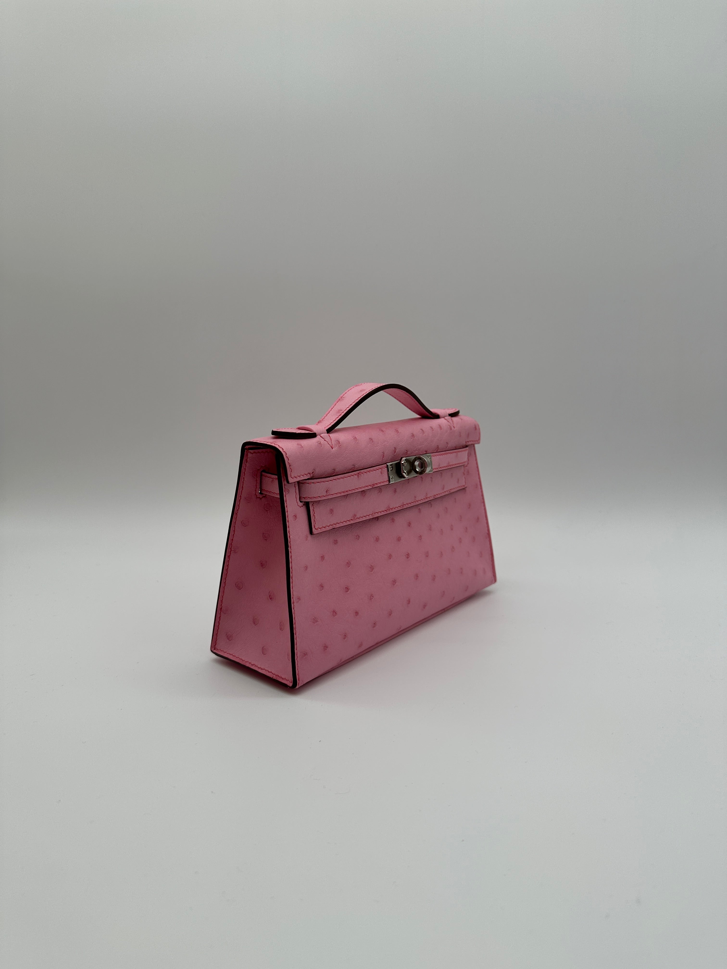 Hermès Kelly Pochette Bubblegum Ostrich Palladium Hardware