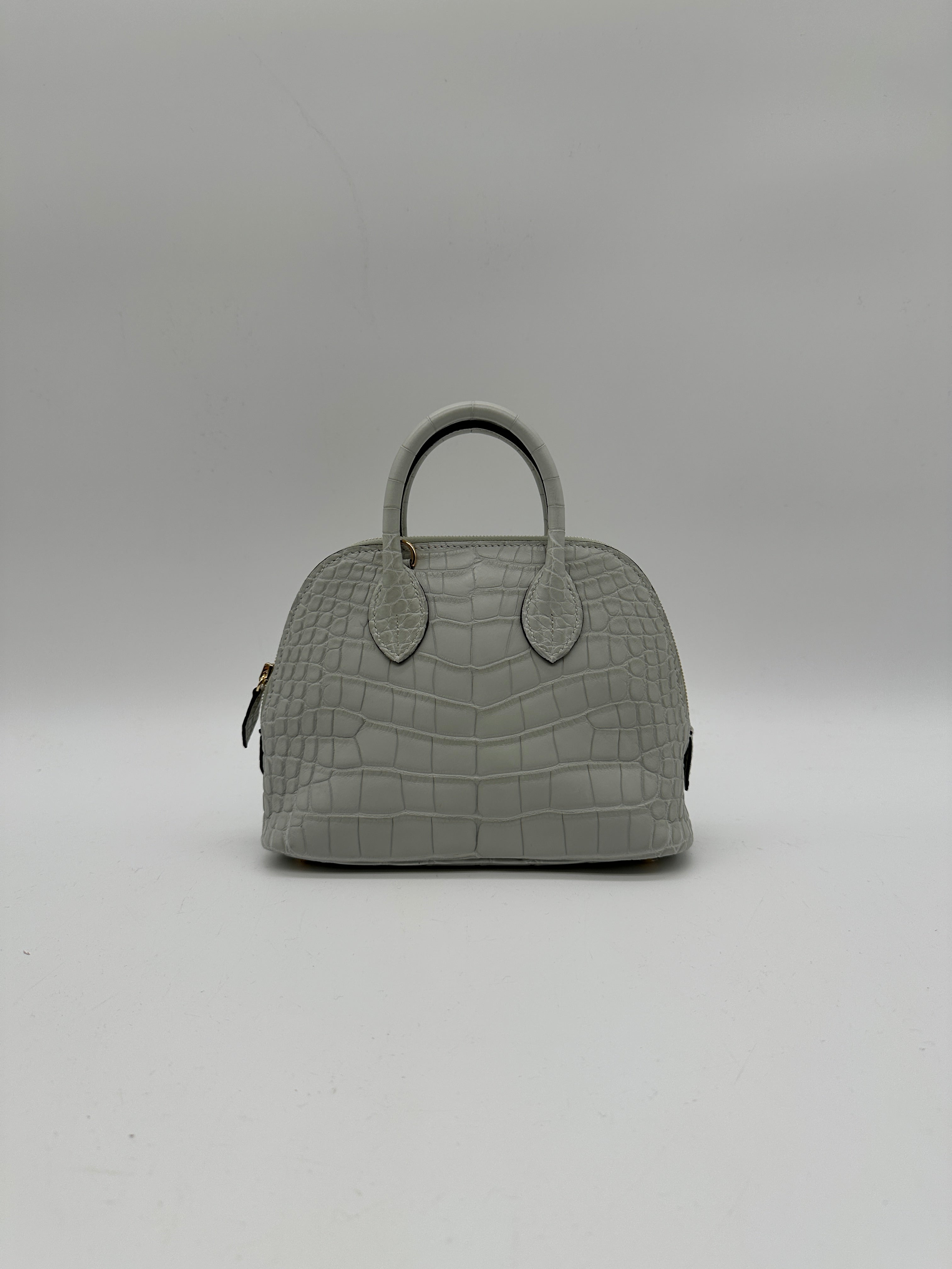 Hermès Mini Bolide Gris Neve Matte Alligator Gold Hardware