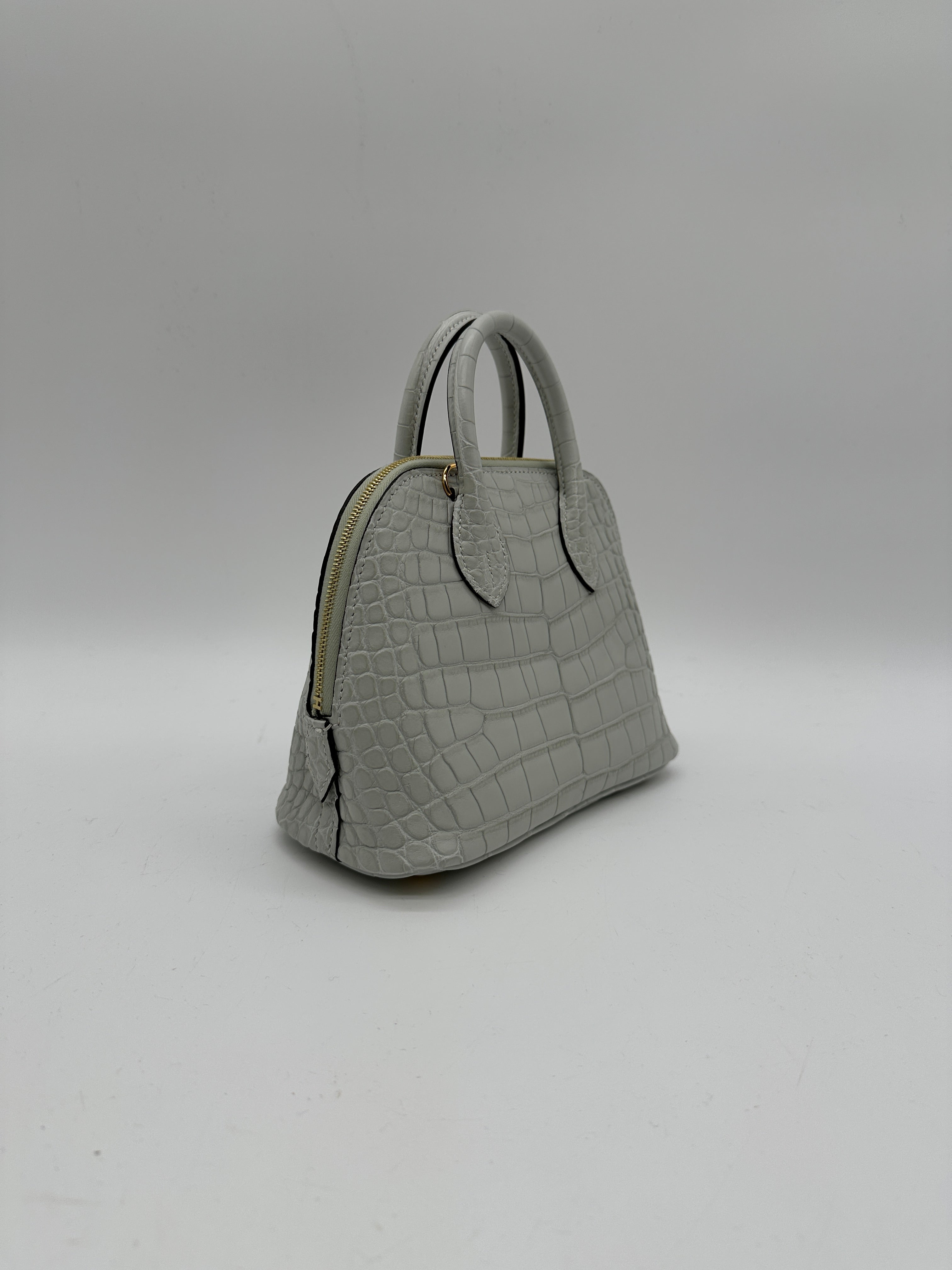 Hermès Mini Bolide Gris Neve Matte Alligator Gold Hardware