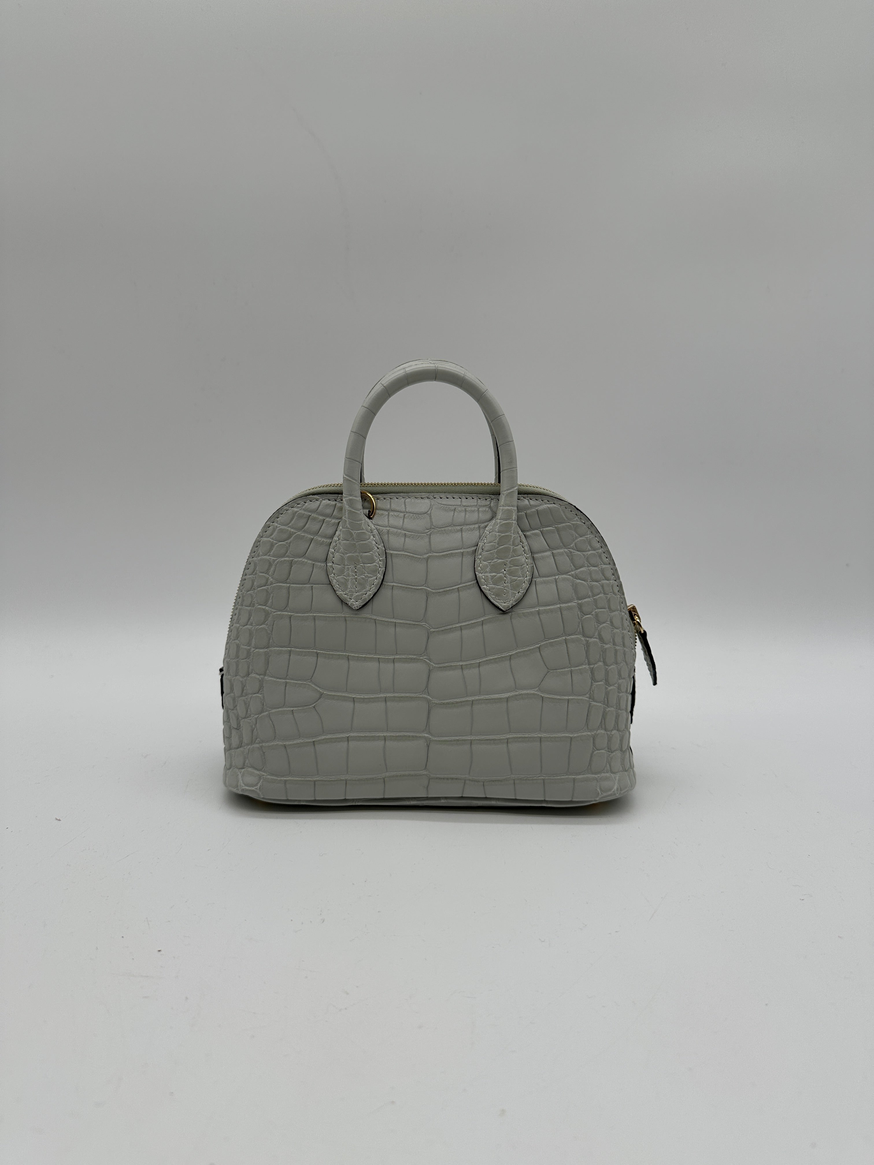 Hermès Mini Bolide Gris Neve Matte Alligator Gold Hardware