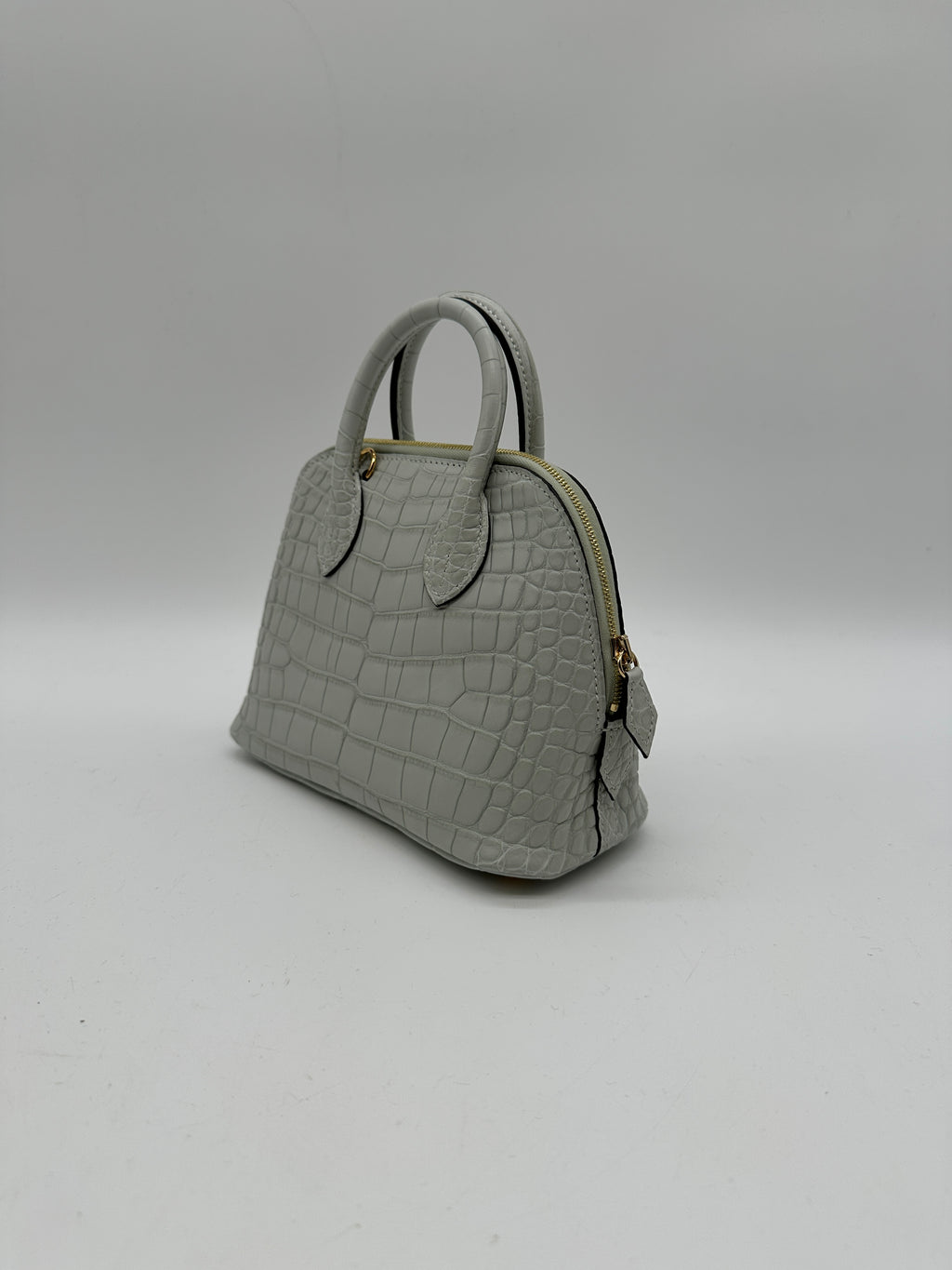 Hermès Mini Bolide Gris Neve Matte Alligator Gold Hardware