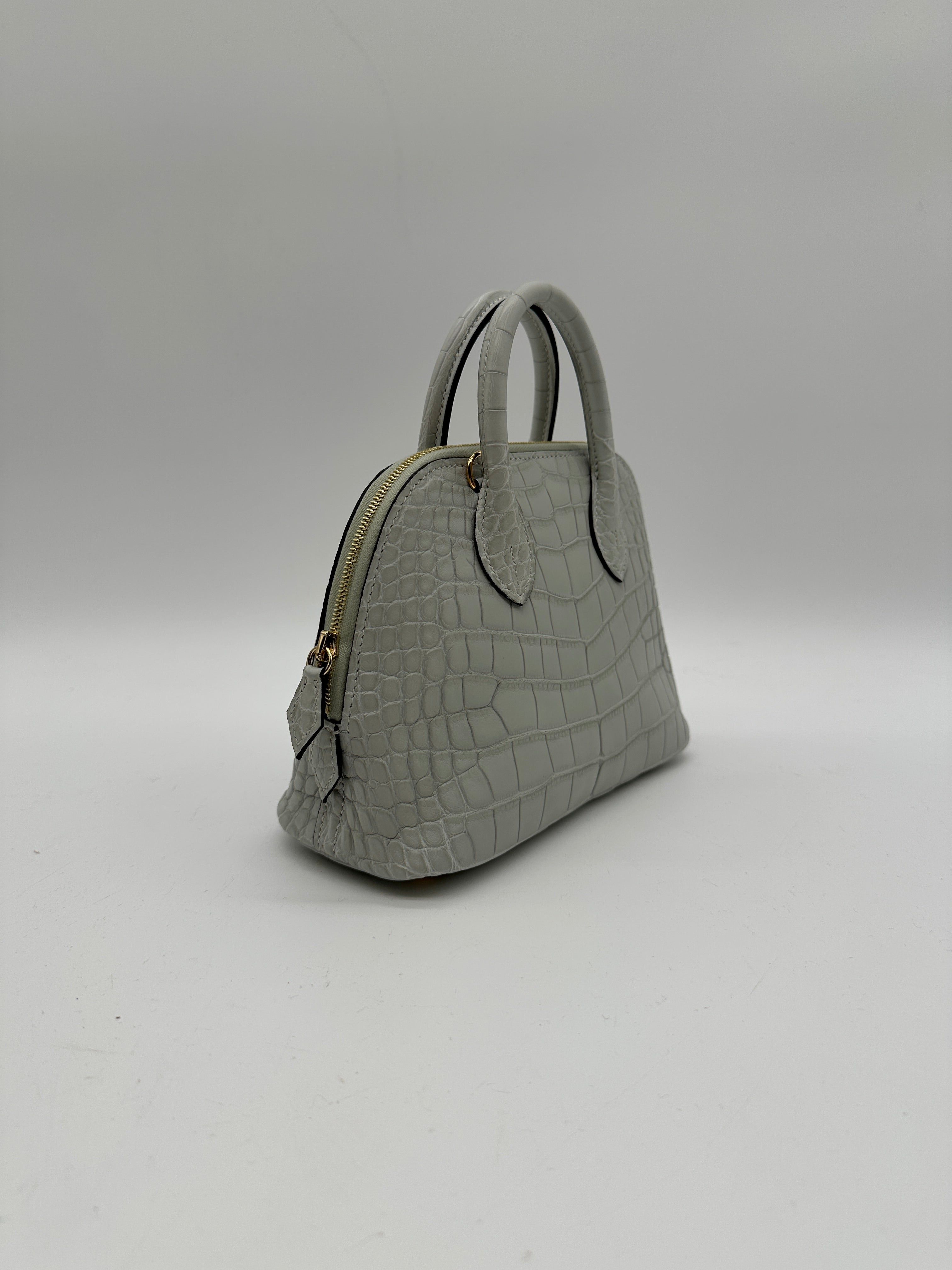 Hermès Mini Bolide Gris Neve Matte Alligator Gold Hardware