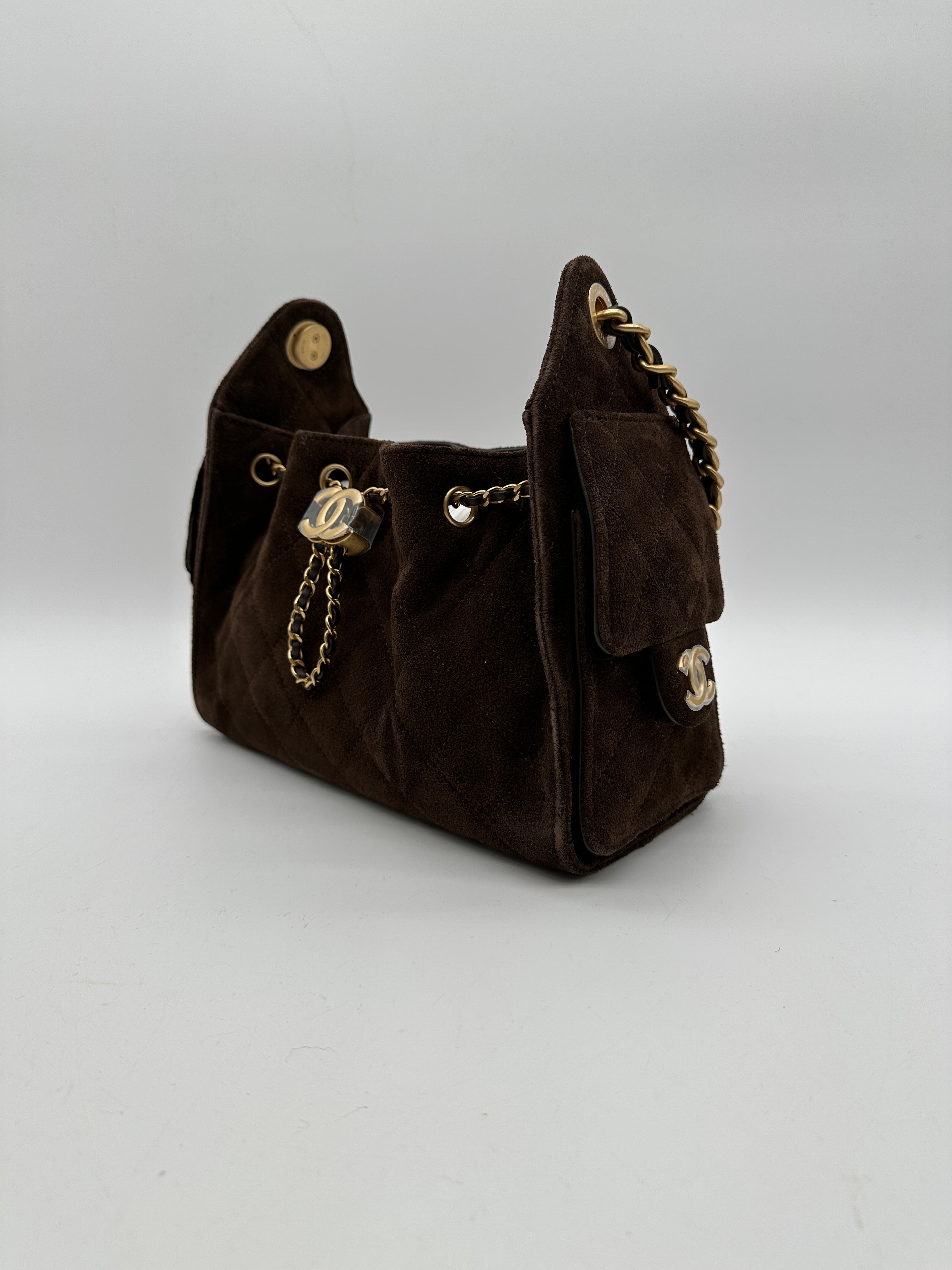 Chanel 25 Hobo Mini Dark Brown Suede Gold Hardware