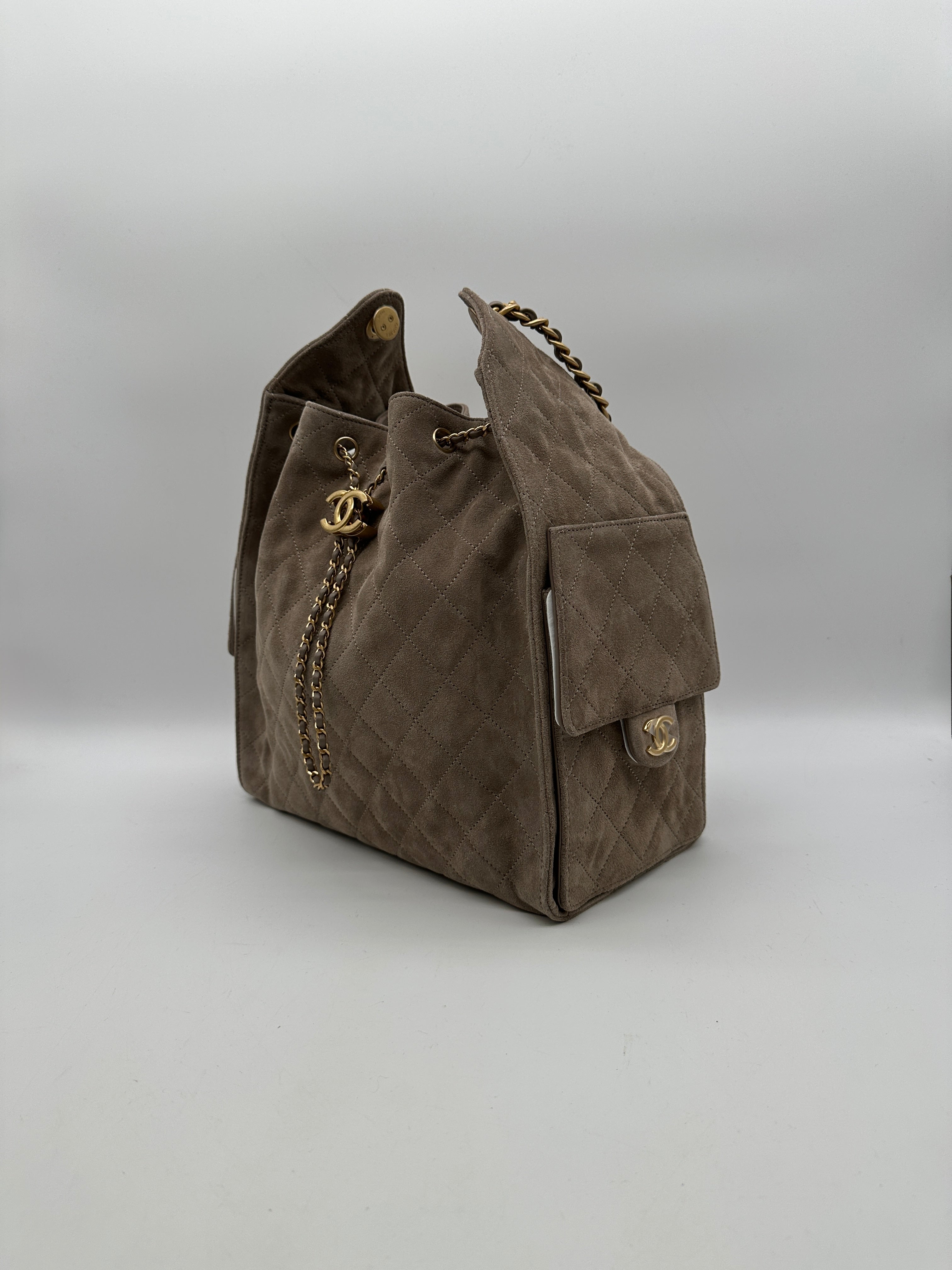 Chanel 25 Hobo Medium Grey Suede Gold Hardware