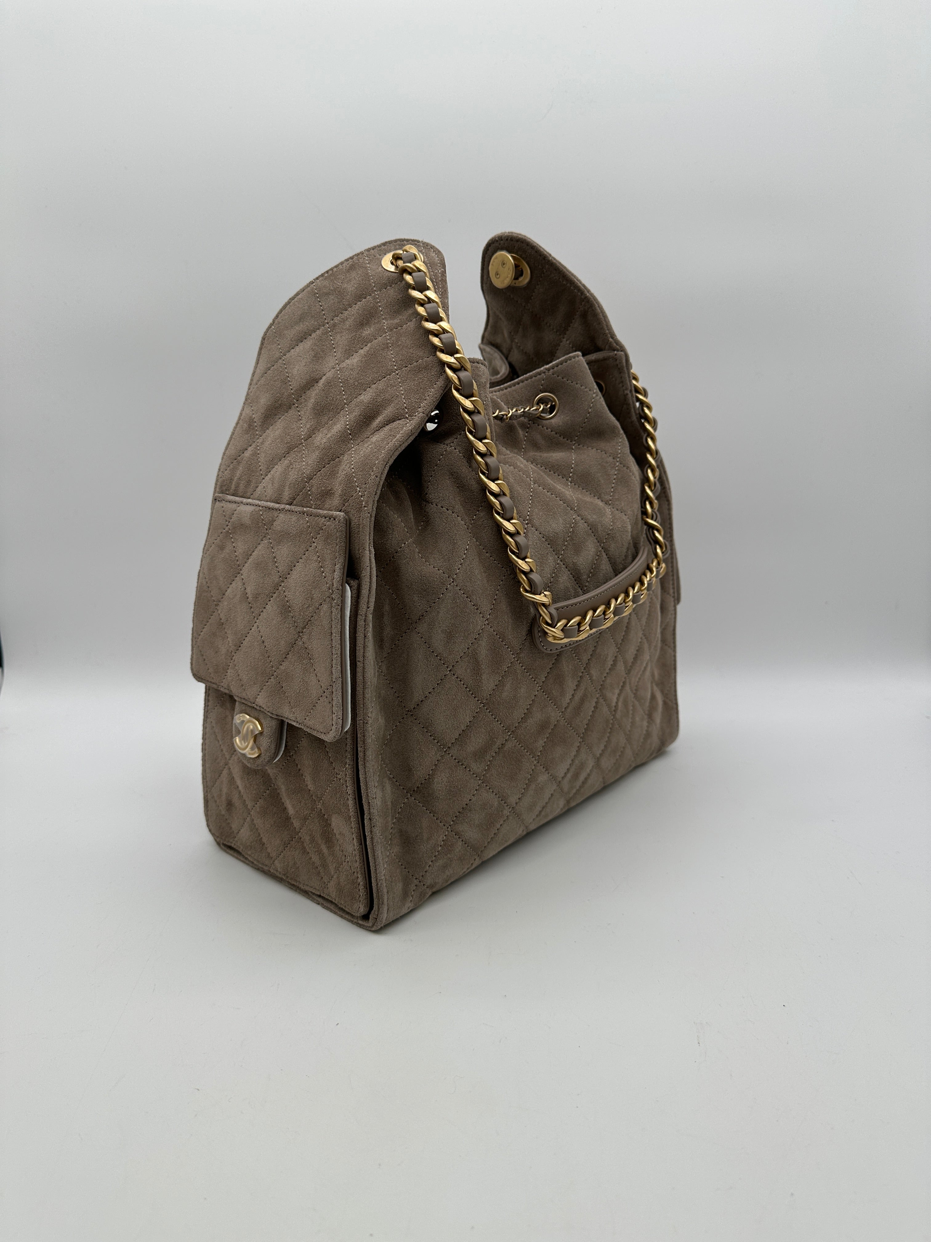 Chanel 25 Hobo Medium Grey Suede Gold Hardware