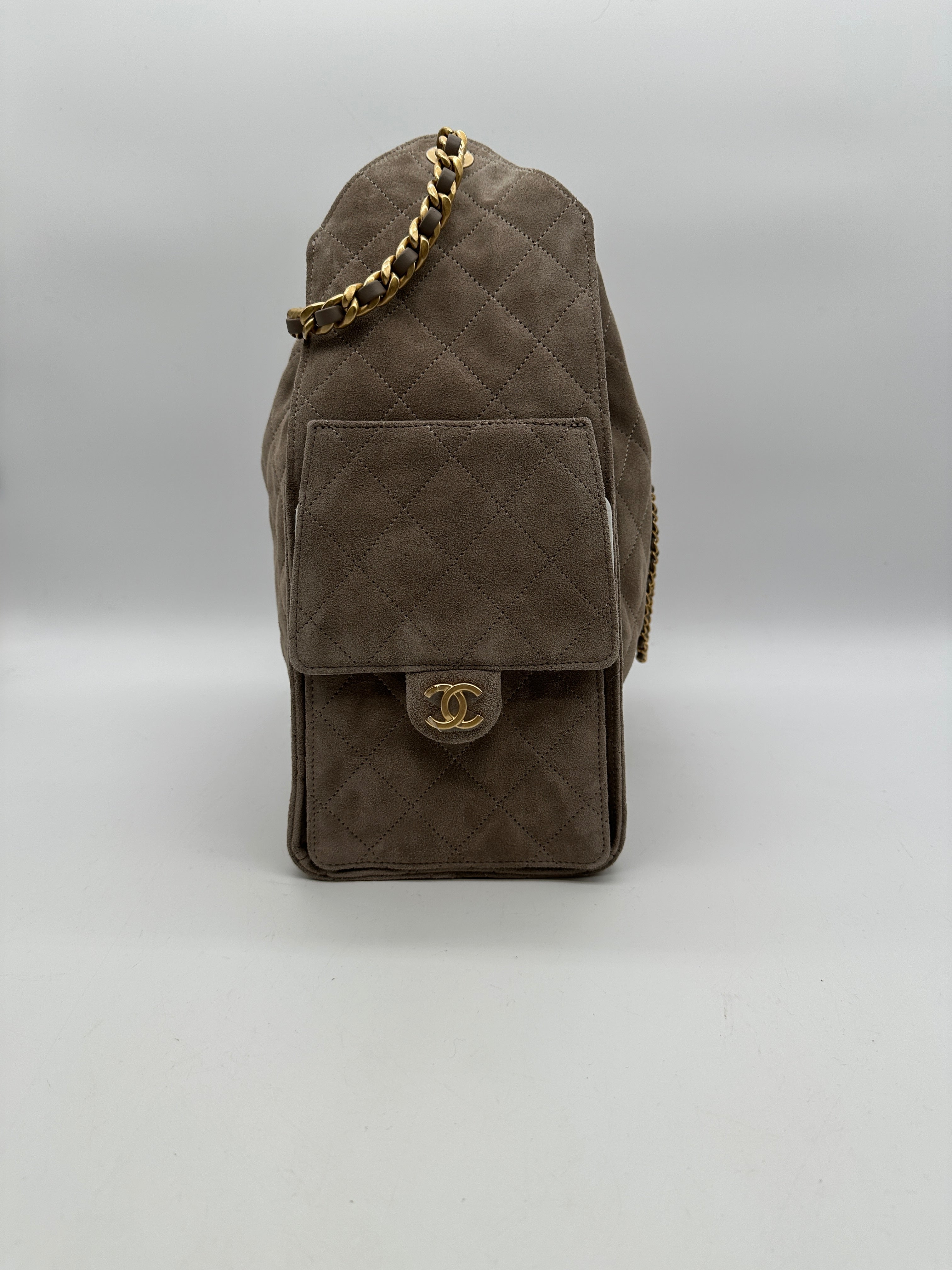 Chanel 25 Hobo Medium Grey Suede Gold Hardware