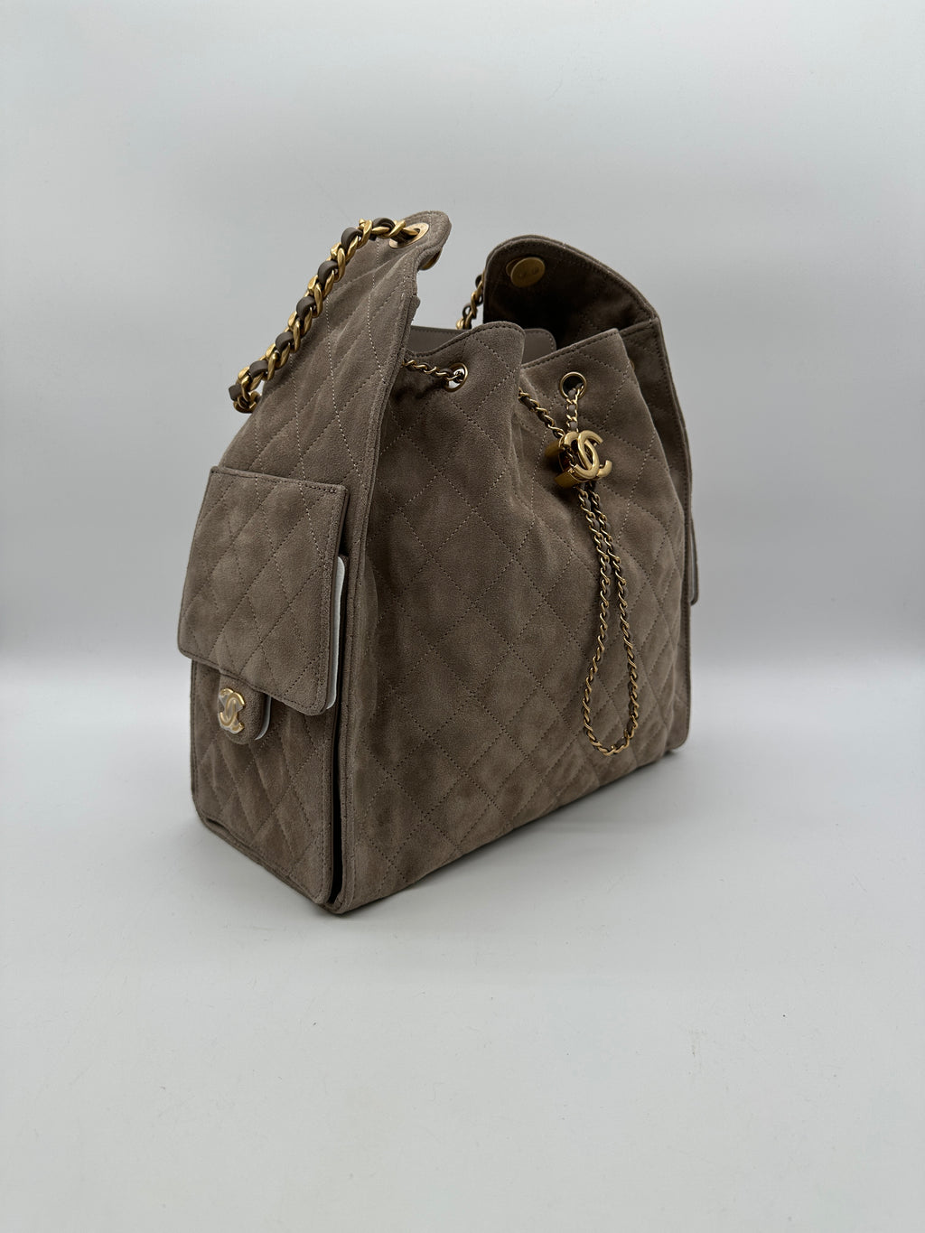Chanel 25 Hobo Medium Grey Suede Gold Hardware