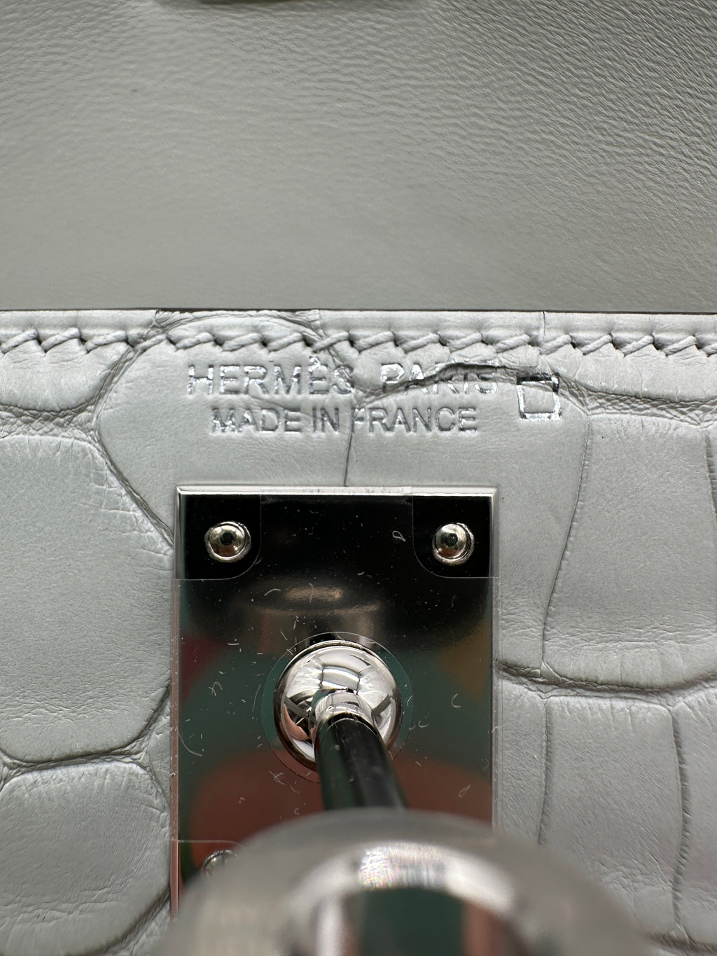 Mini Kelly Gris Neve Matte Alligator Palladium Hardware