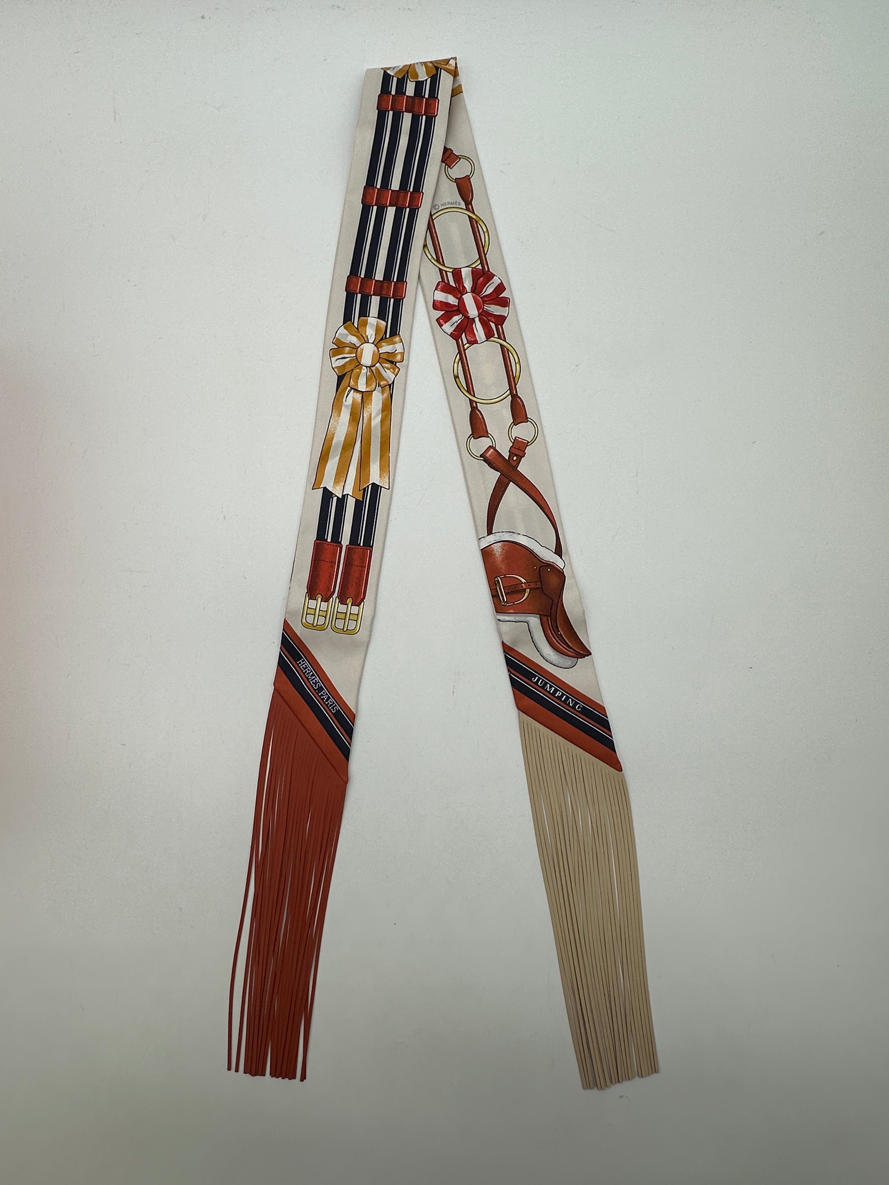 Hermès Jumping Leather Fringes Twilly /Alezan/Anthracite Creme