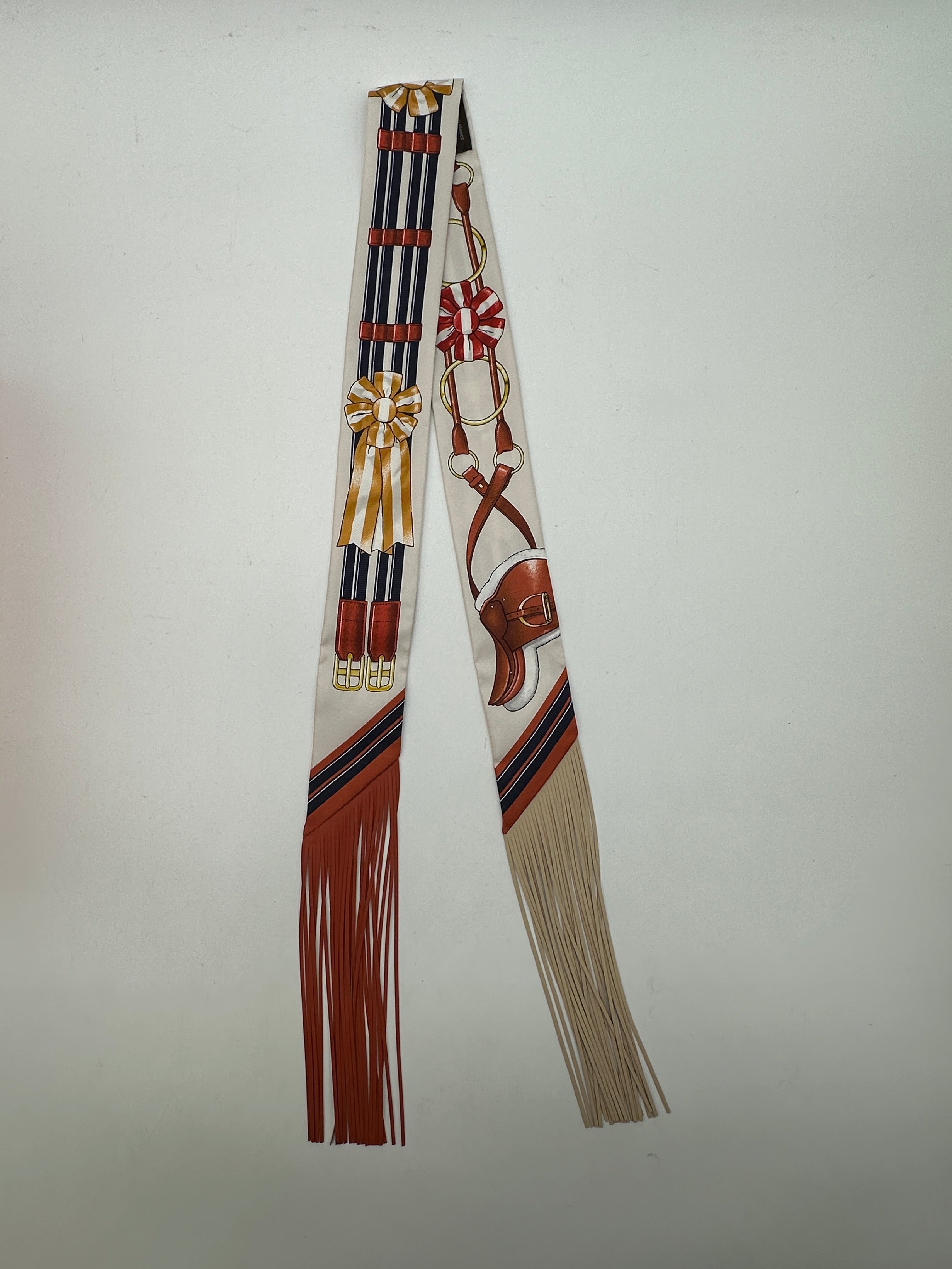 Hermès Jumping Leather Fringes Twilly /Alezan/Anthracite Creme