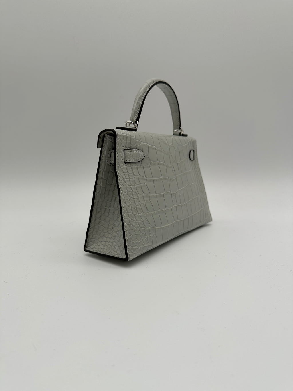 Mini Kelly Gris Neve Matte Alligator Palladium Hardware