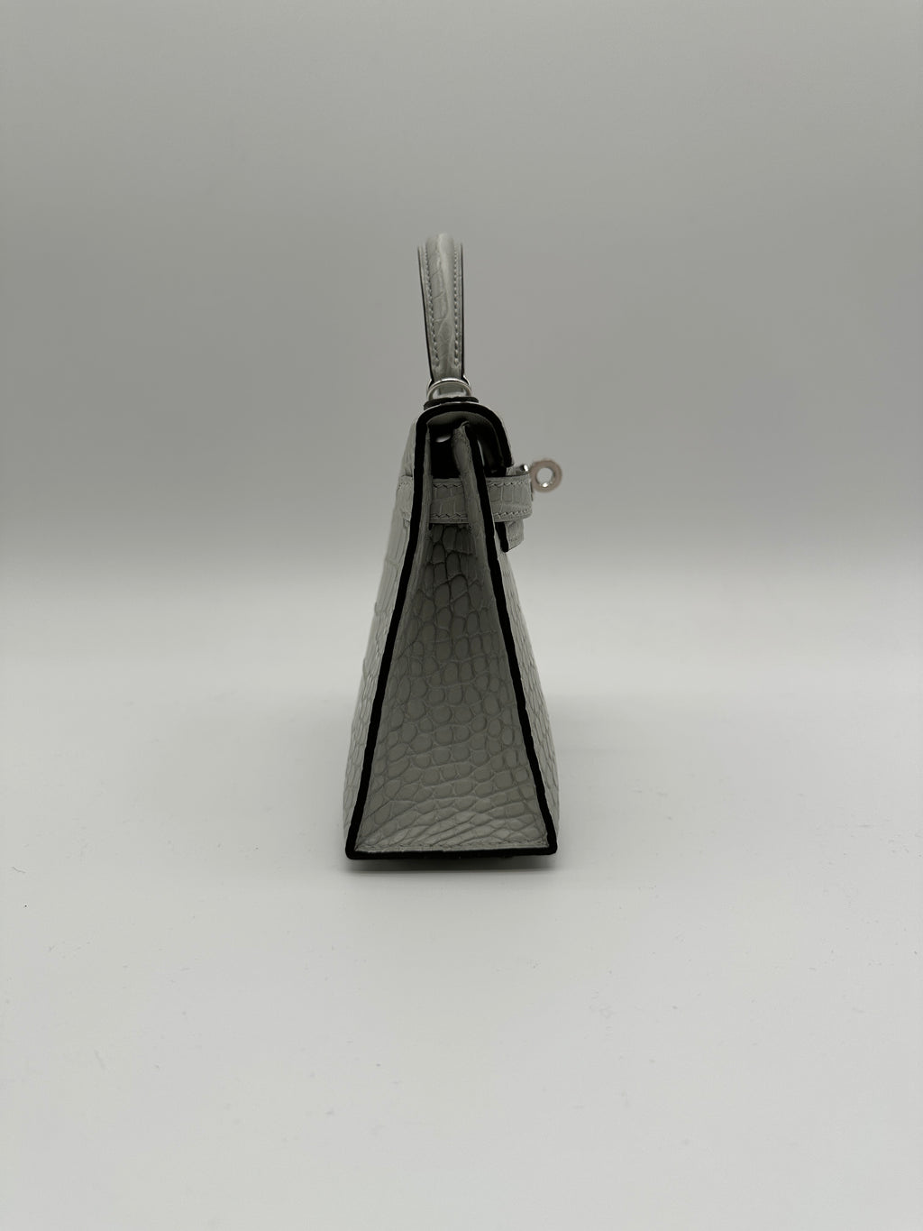 Mini Kelly Gris Neve Matte Alligator Palladium Hardware