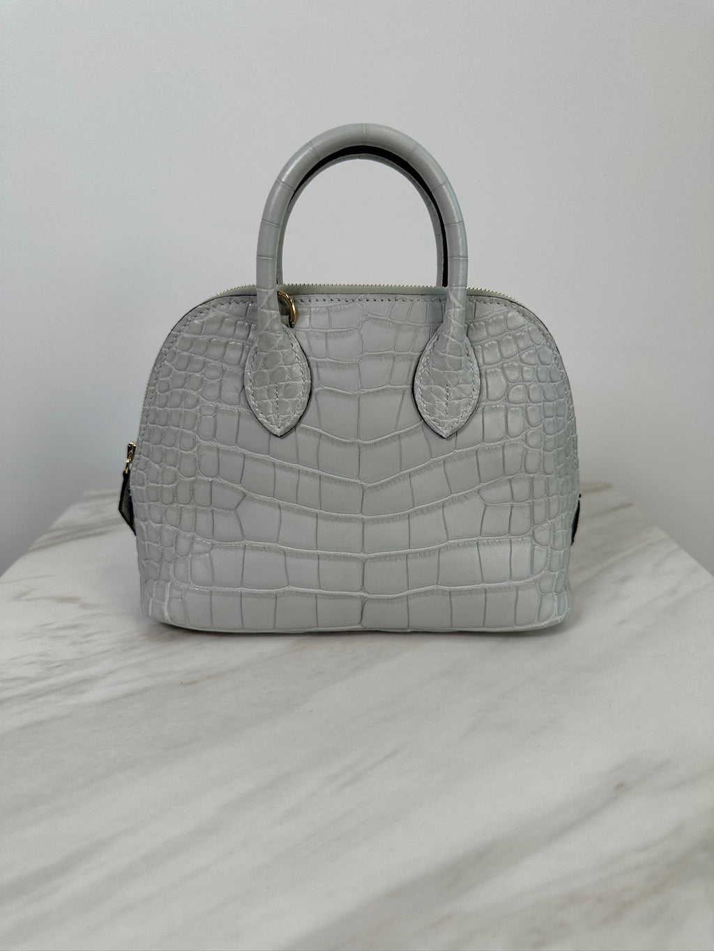 Hermès Mini Bolide Gris Neve Matte Alligator Gold Hardware
