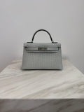 Mini Kelly Gris Neve Matte Alligator Palladium Hardware