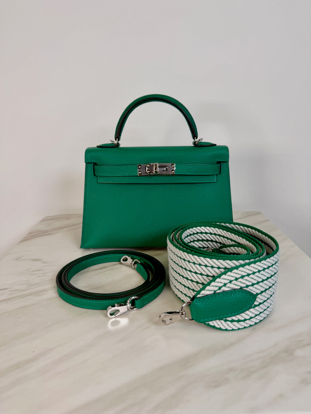 Hermès Mini Kelly Vert Vertigo Epsom Palladium Hardware (with 2 strap)