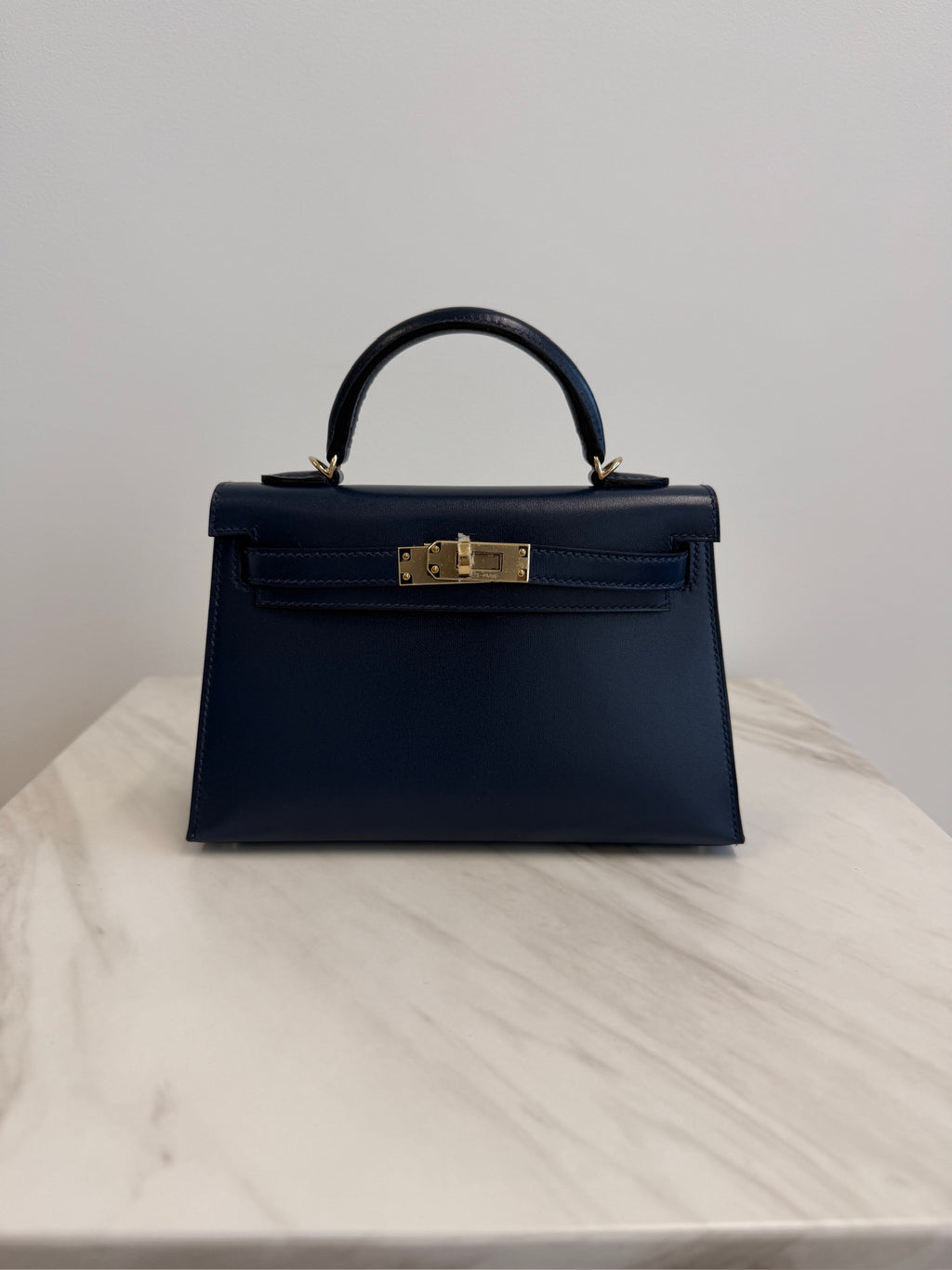 Hermès Mini Kelly Bleu Abysse Box Leather Permabrass Hardware