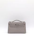 Hermès Kelly Pochette Gris Mouette Ostrich Palladium Hardware
