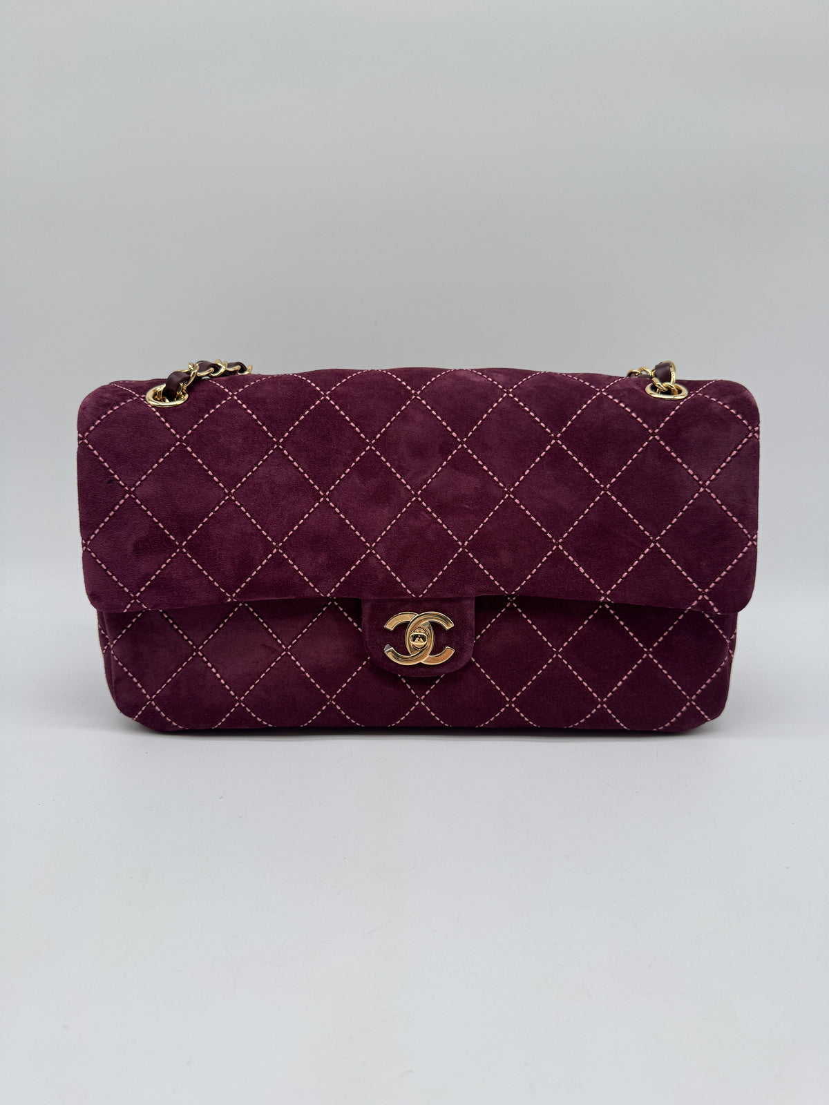 Chanel Maxi Flap Bag 32 Burgundy Suede Calfskin Gold-Tone Metal
